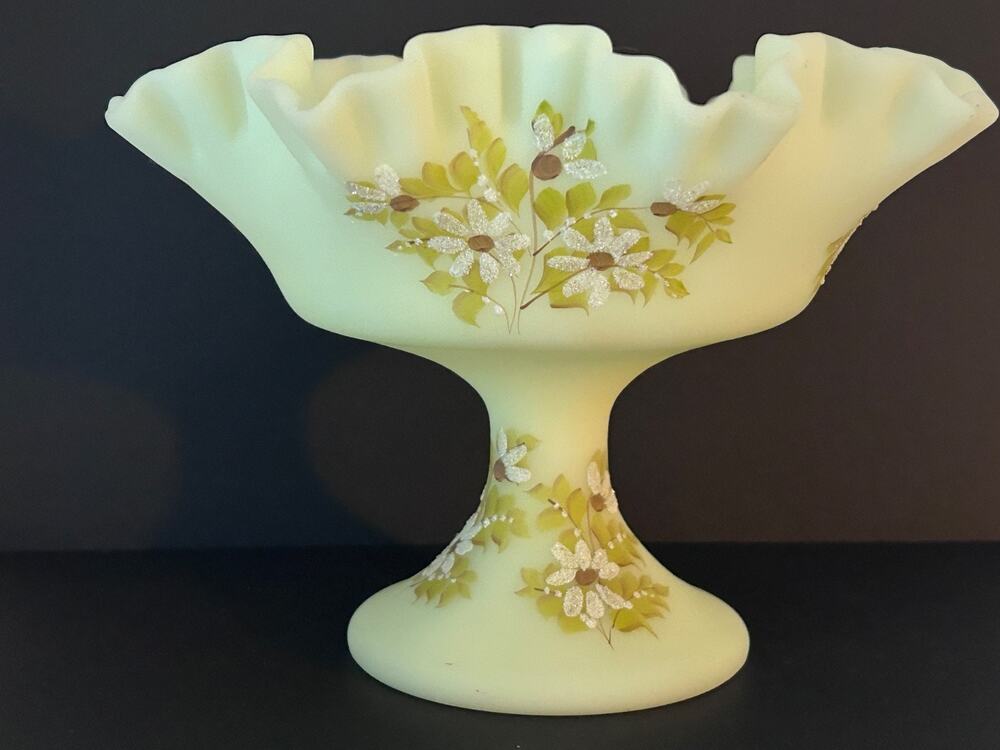 Fenton Compote Hand Painted Signed Uranium Custard Satin Glass Glows Candy Dish